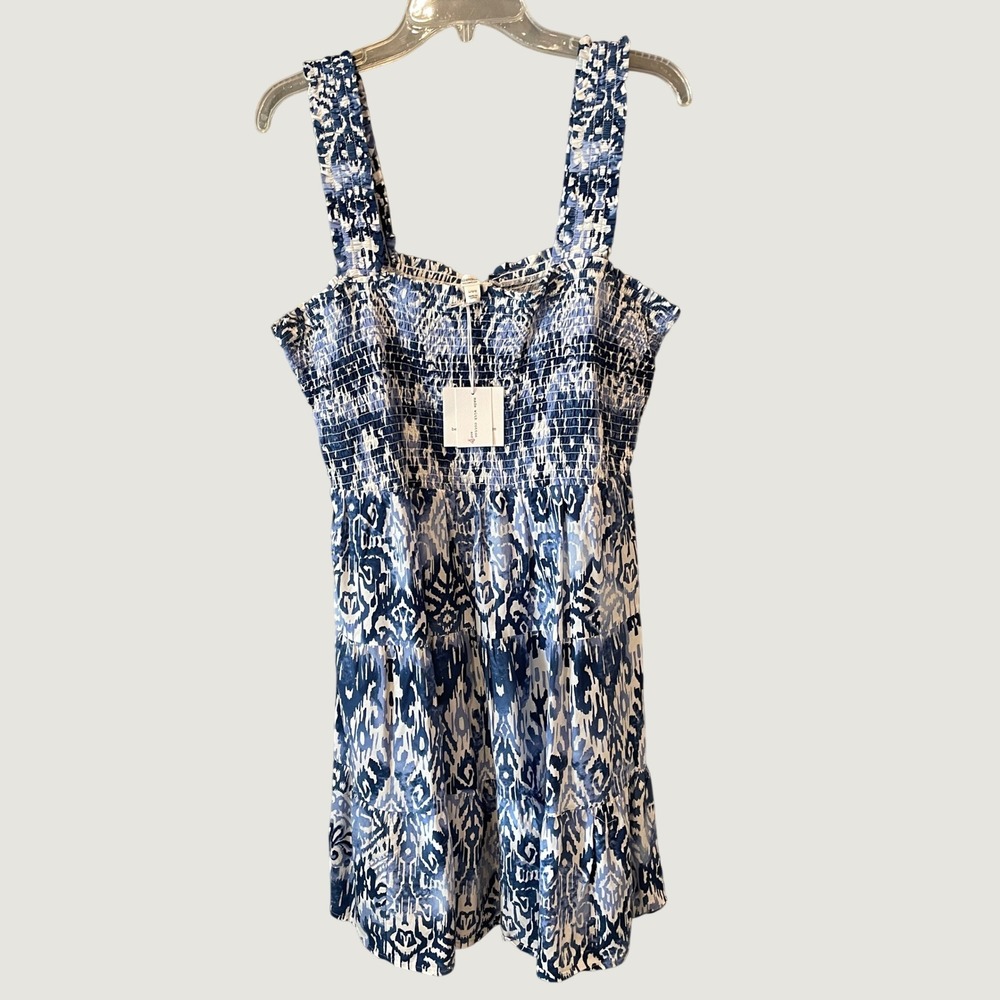 Beachlunchlounge Blue Ikat Smocked Tiered Mini Dress Sleeveless Cotton Blend L